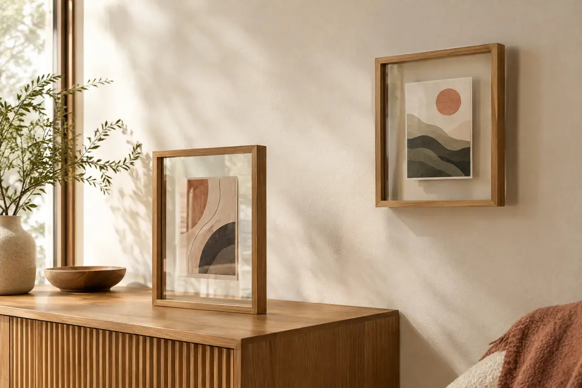 Deux cadres photo flottants à l’aspect bois, l’un posé sur une console et l’autre accroché au mur.