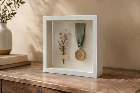 Cadre vitrine carré blanc posé sur une console, avec une médaille et une fleur séchée exposées