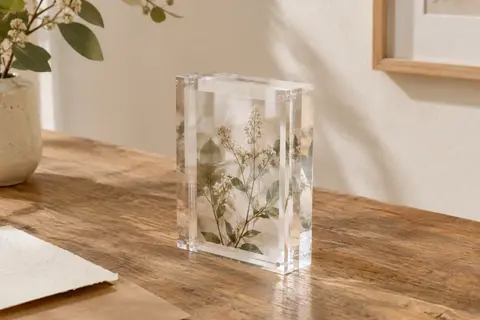 Cadre photo transparent en acrylique posé sur un bureau en bois, avec une image botanique visible à travers ses deux faces.