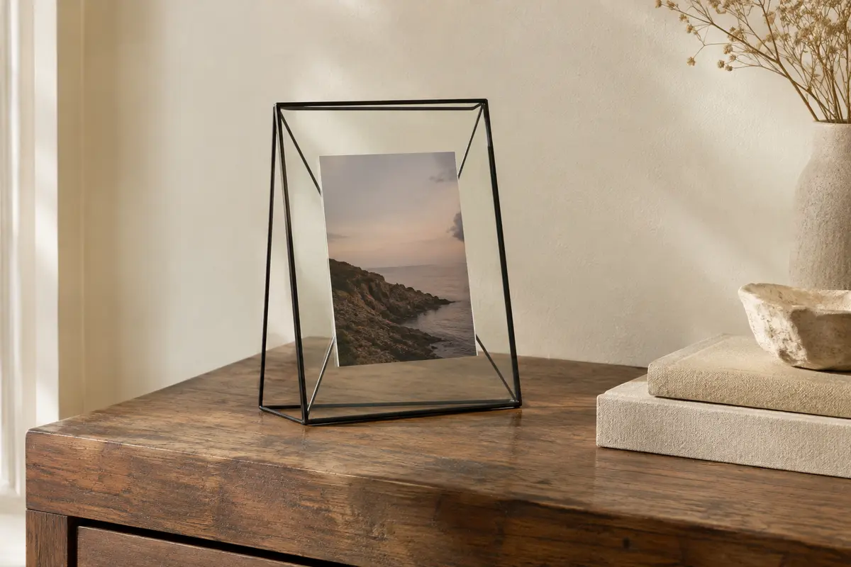 Cadre photo Prisma en métal noir avec une image entre deux verres, posé sur une console en bois.