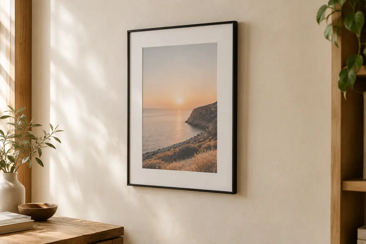 Cadre photo A4 noir à profil fin, avec passe-partout, accroché verticalement sur un mur crème.