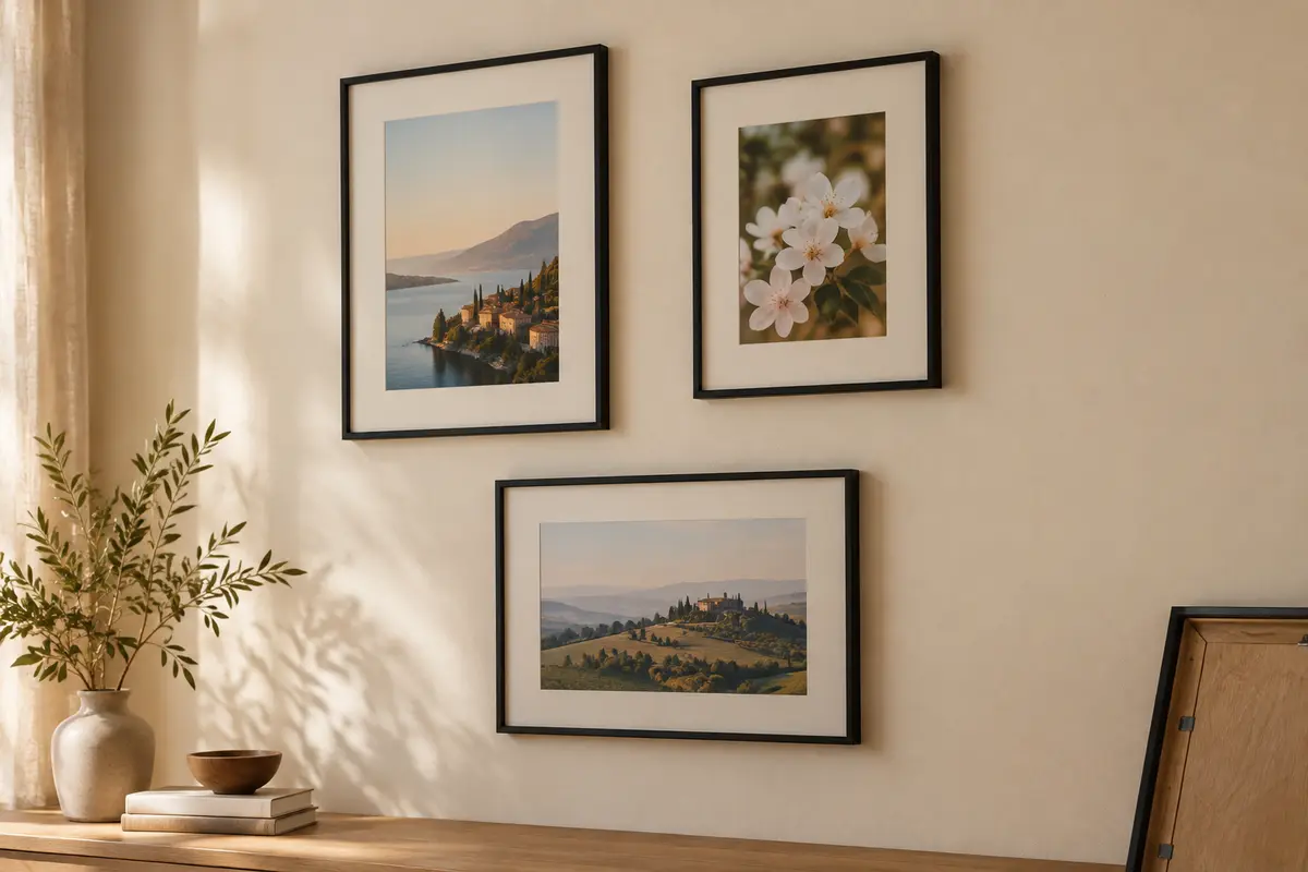 Trois cadres photo noirs avec passe-partout, accrochés sur un mur crème dans des orientations différentes