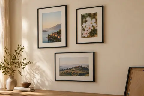 Trois cadres photo noirs avec passe-partout, accrochés sur un mur crème dans des orientations différentes