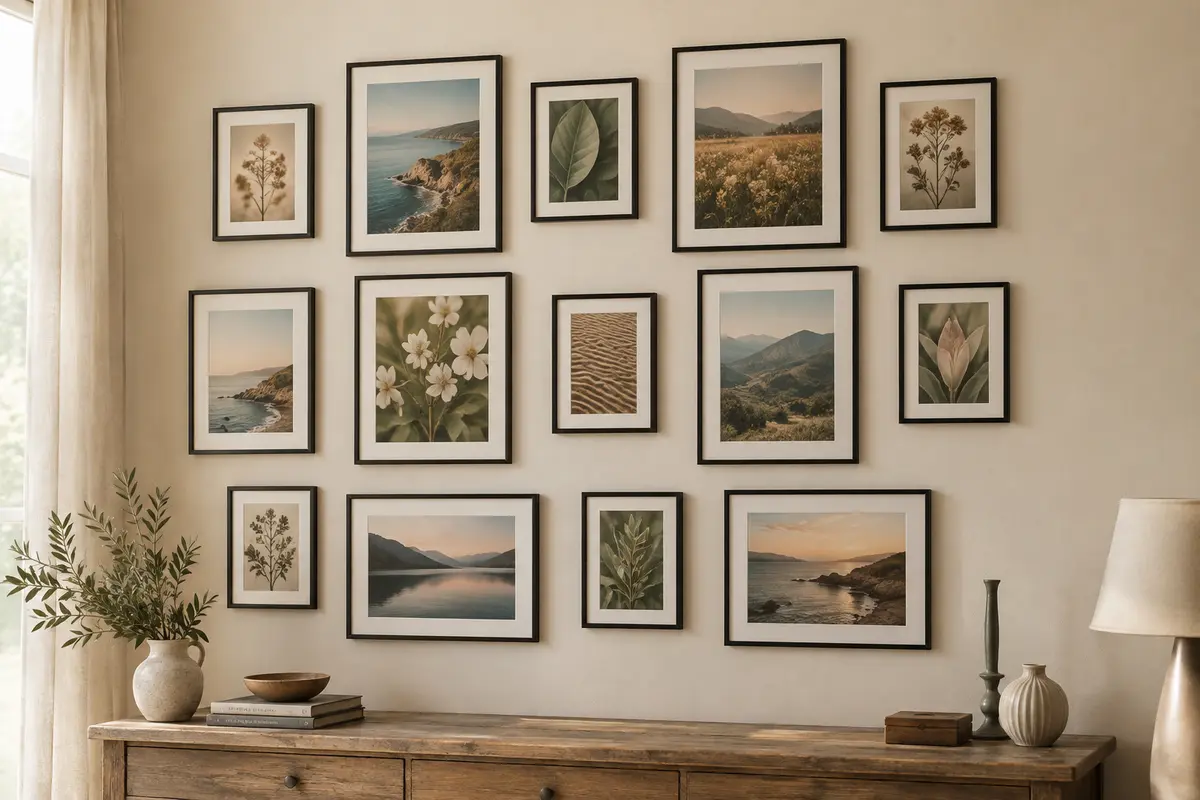 Mur de cadres photo noirs avec passe-partout, accrochés en trois rangées au-dessus d’une commode en bois.