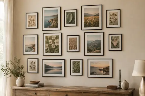 Mur de cadres photo noirs avec passe-partout, accrochés en trois rangées au-dessus d’une commode en bois.