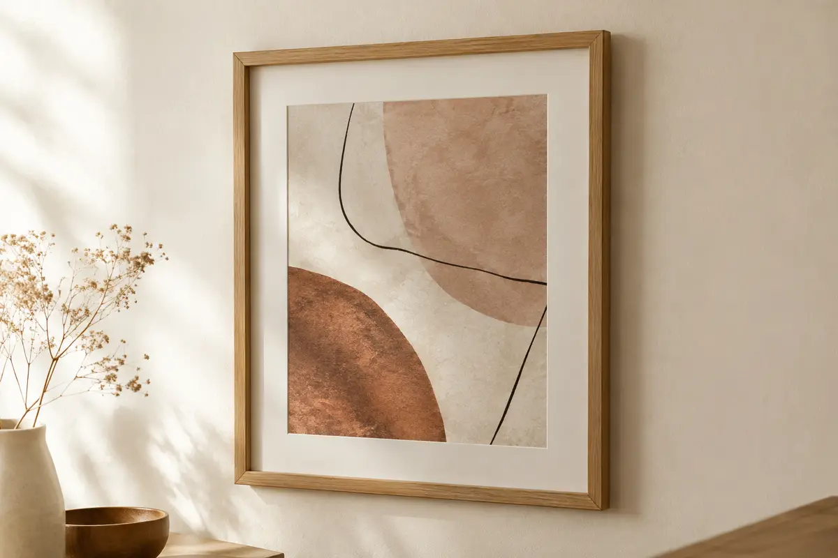 Cadre photo à finition bois naturel avec passe-partout, accroché sur un mur crème dans un intérieur lumineux.