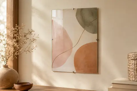 Cadre photo Walther Design sans bordure en verre clair, accroché sur un mur crème avec une illustration abstraite.
