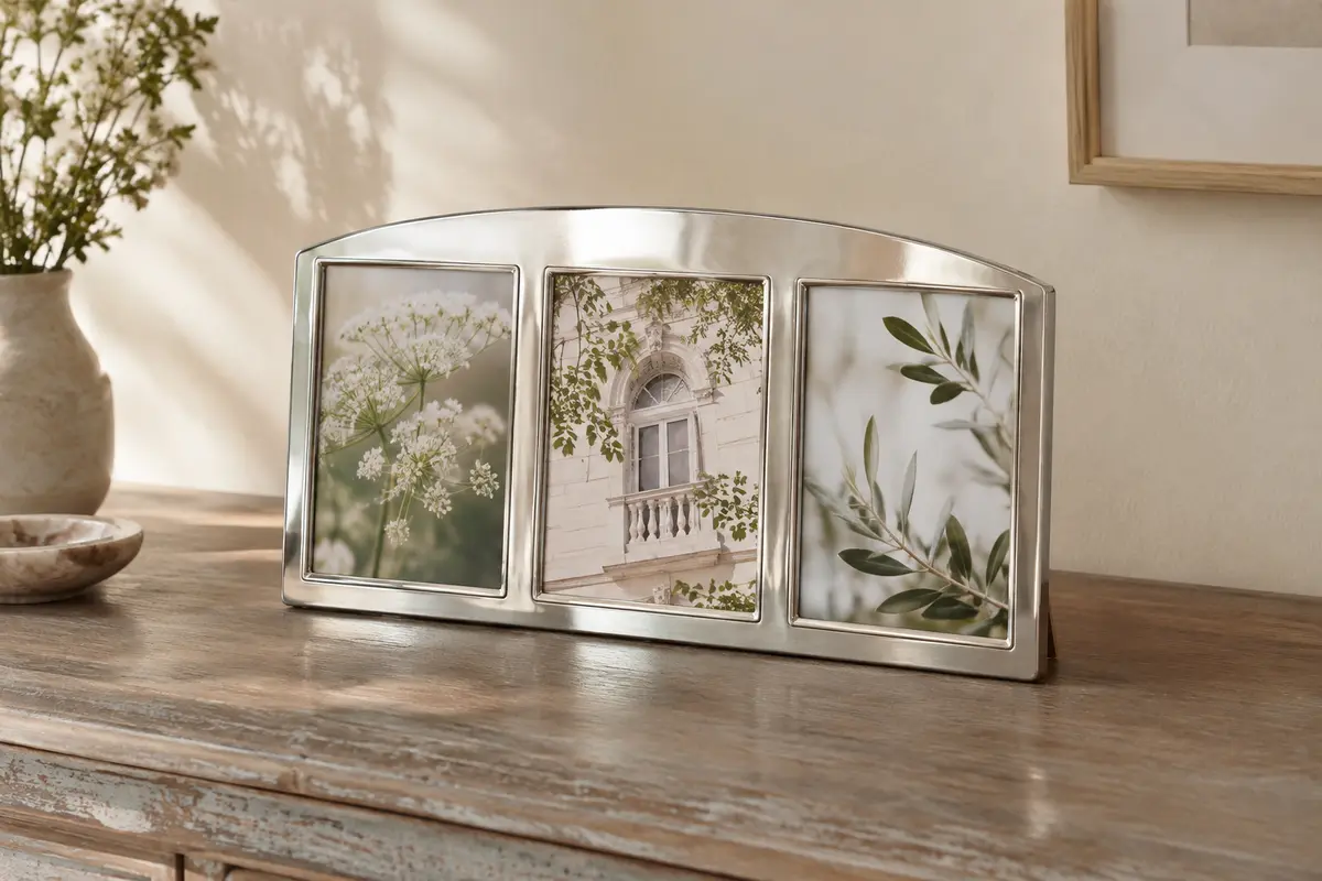 Cadre photo triple argenté à profil miroir posé sur une console en bois devant un mur crème.