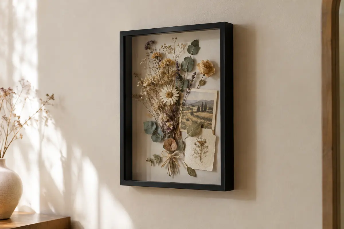 Cadre vitrine mural noir garni de fleurs séchées et de petits souvenirs, accroché sur un mur crème