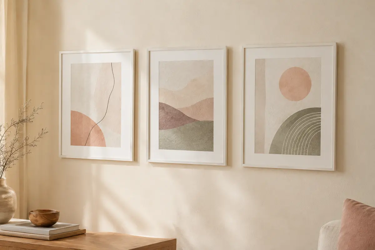 Trois cadres photo muraux en bois blanc avec passe-partout, accrochés sur un mur crème