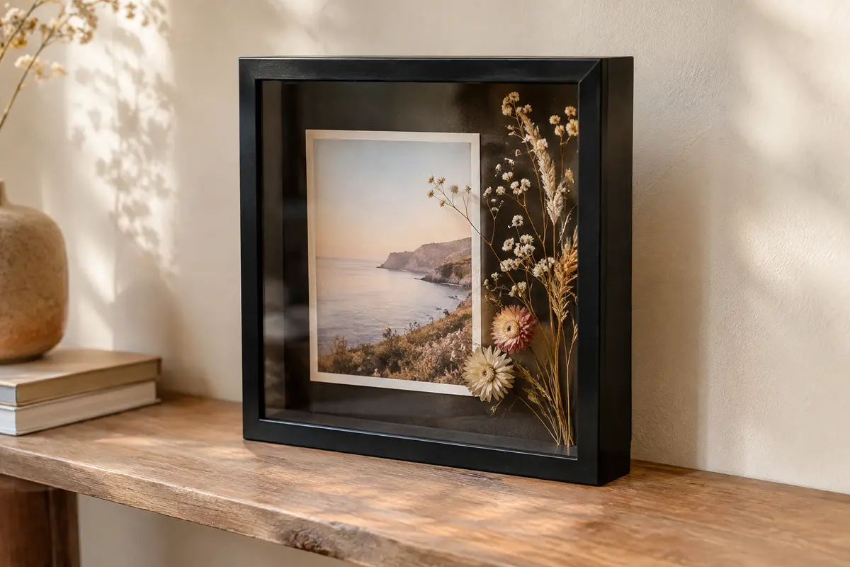 Cadre-vitrine carré noir posé sur une étagère, avec une photo et des fleurs séchées derrière sa façade transparente.