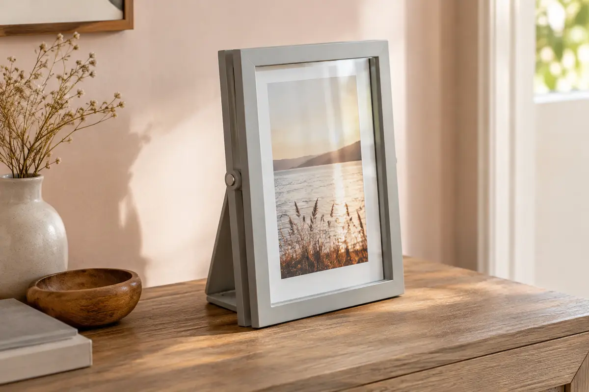 Cadre photo rotatif gris clair posé sur une console, avec un tirage visible sous le verre.