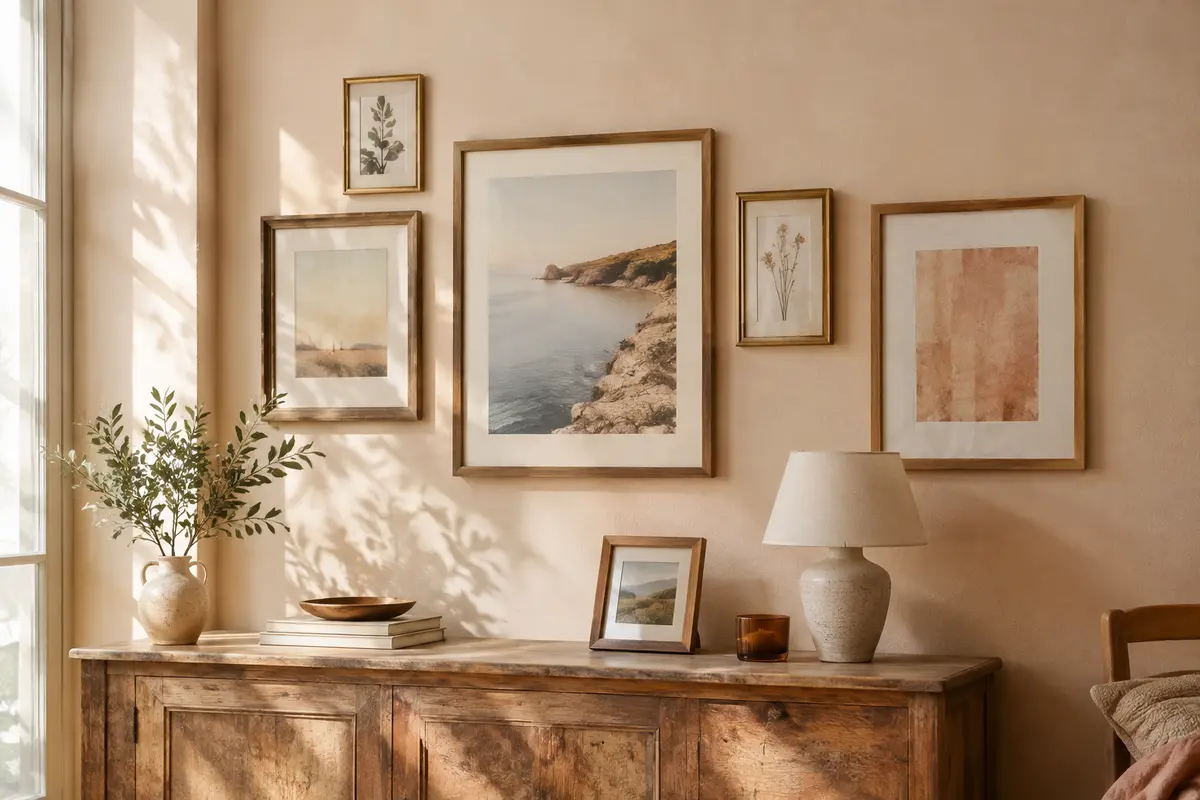 Cadres photo décoratifs accrochés et posés dans un intérieur lumineux aux tons doux